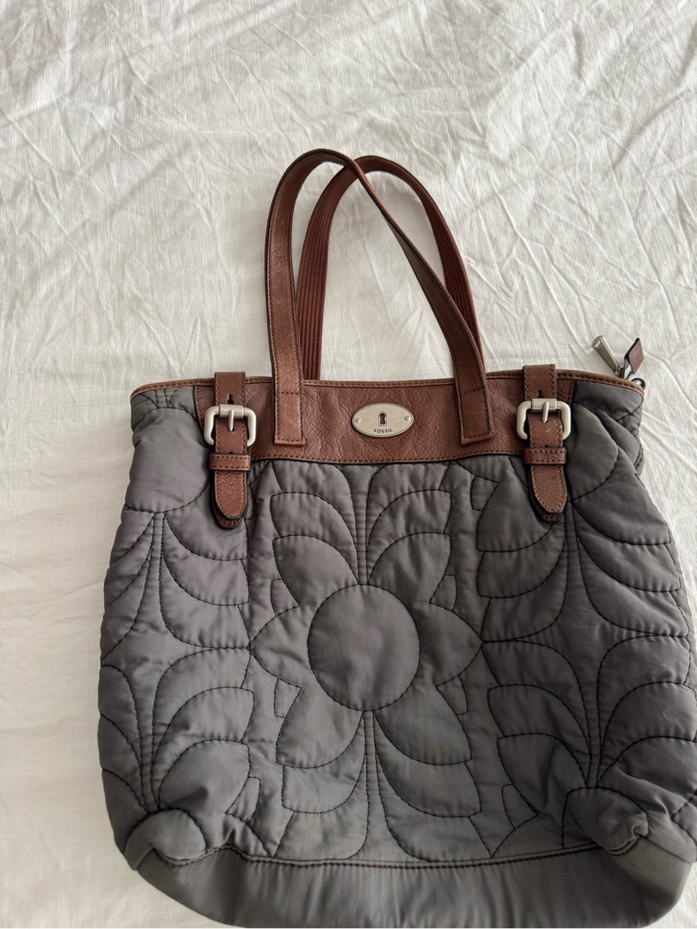 Fossil Quilted Gray Tote Bag with Brown Leather Trim